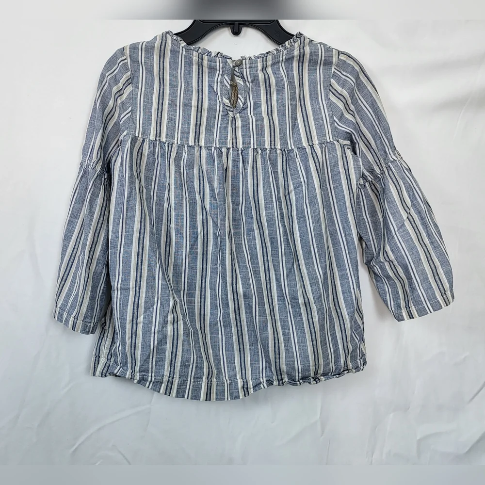 Gap Kids Girls Blue White Chambray Striped Tasseled Tie 3/4 Sleeve Peasant Top M